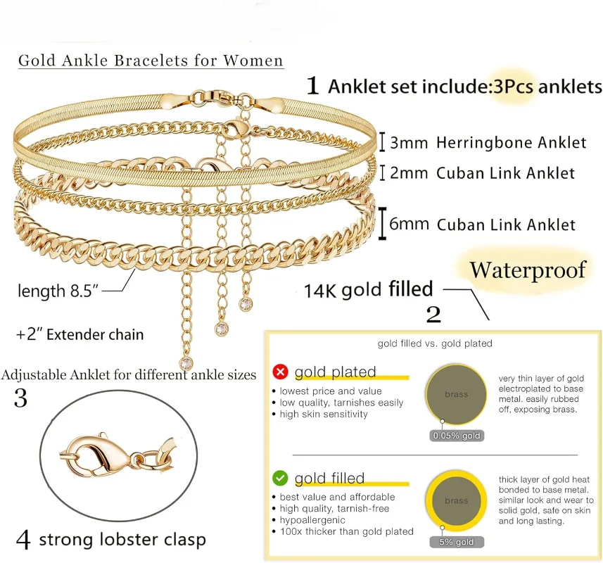 14K Gold Ankle Bracelets for Women Girls, Boho Waterproof STAINLESS STEEL Cuban Link Layered Anklets Set Jewelry Gifts for Her