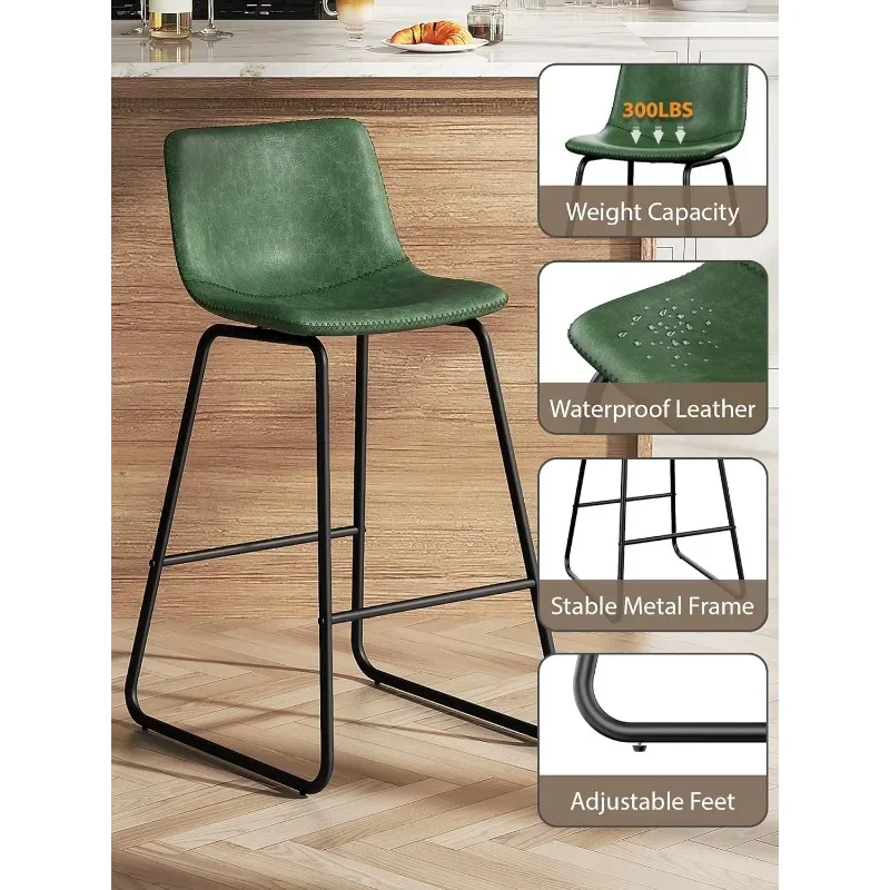 Bar Stools Set of 3,26 Inches Counter Height with Back, Faux Leather with Metal Legs and Footrest,Bar Chairs for Kitchens(Green)