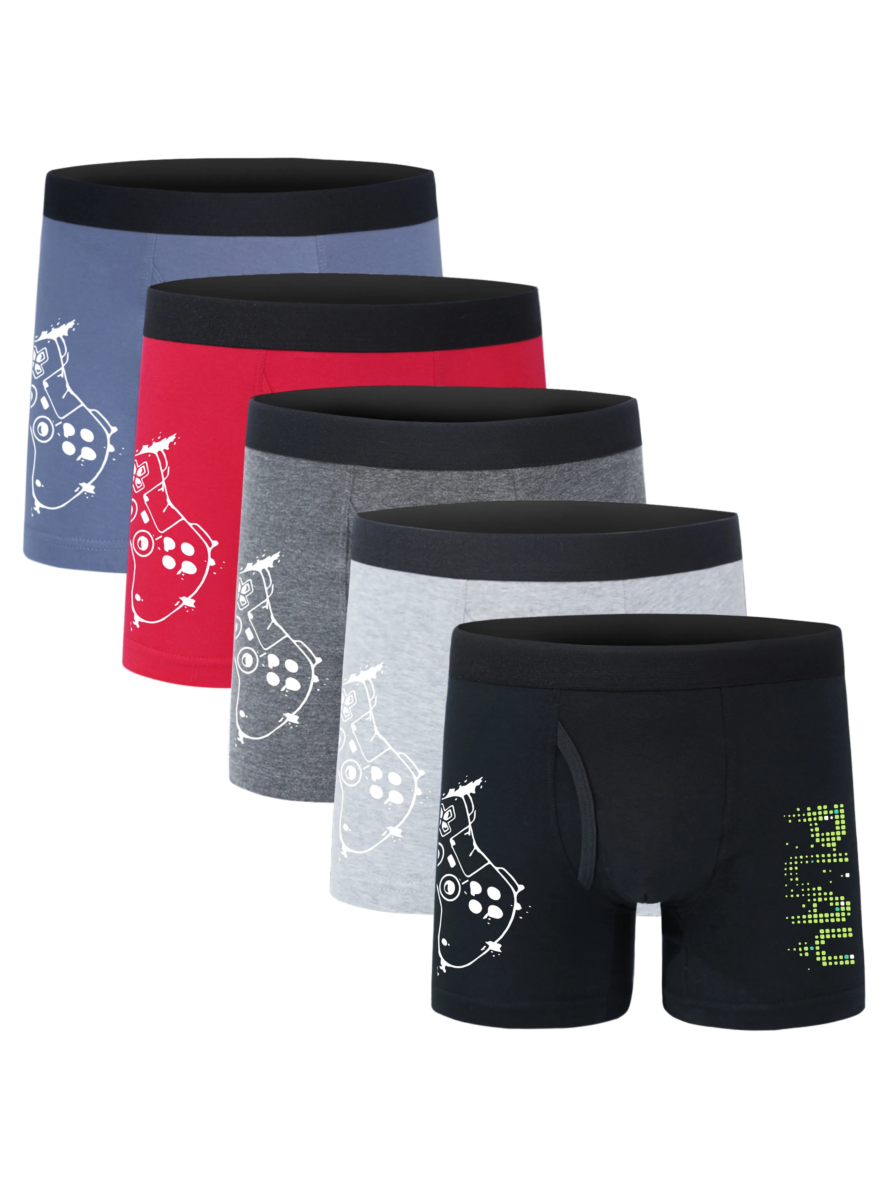 5 peças de cuecas boxer para meninos, 95% algodão, 5% elastano, roupa íntima confortável com estampa de controle de jogos