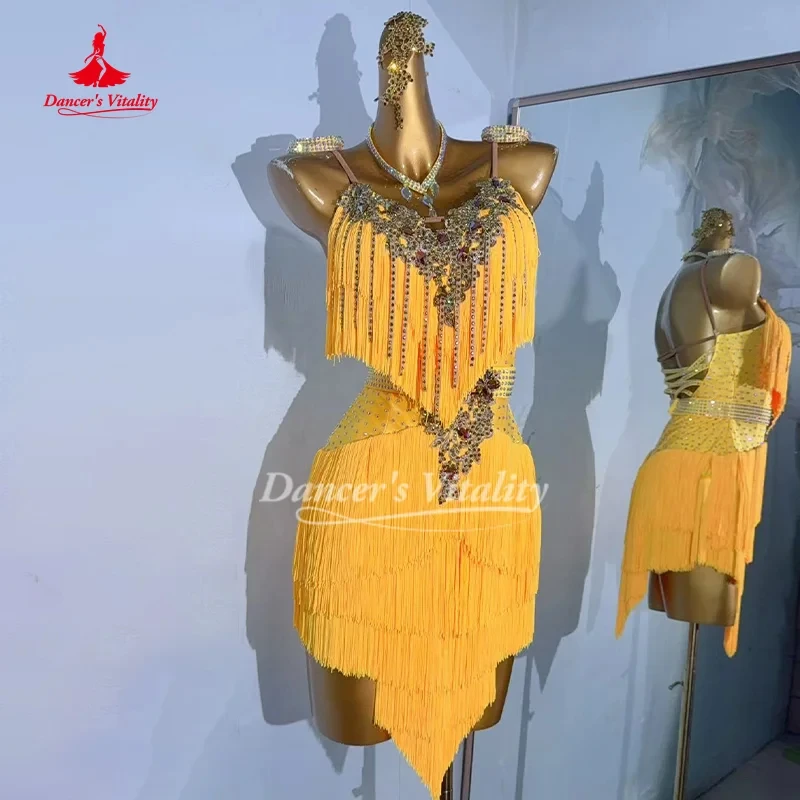 Latin Dance Competition Dresses Customized High Luxury Water Diamond Sexy Backless Dress Adult and Children Performance Costume image 5