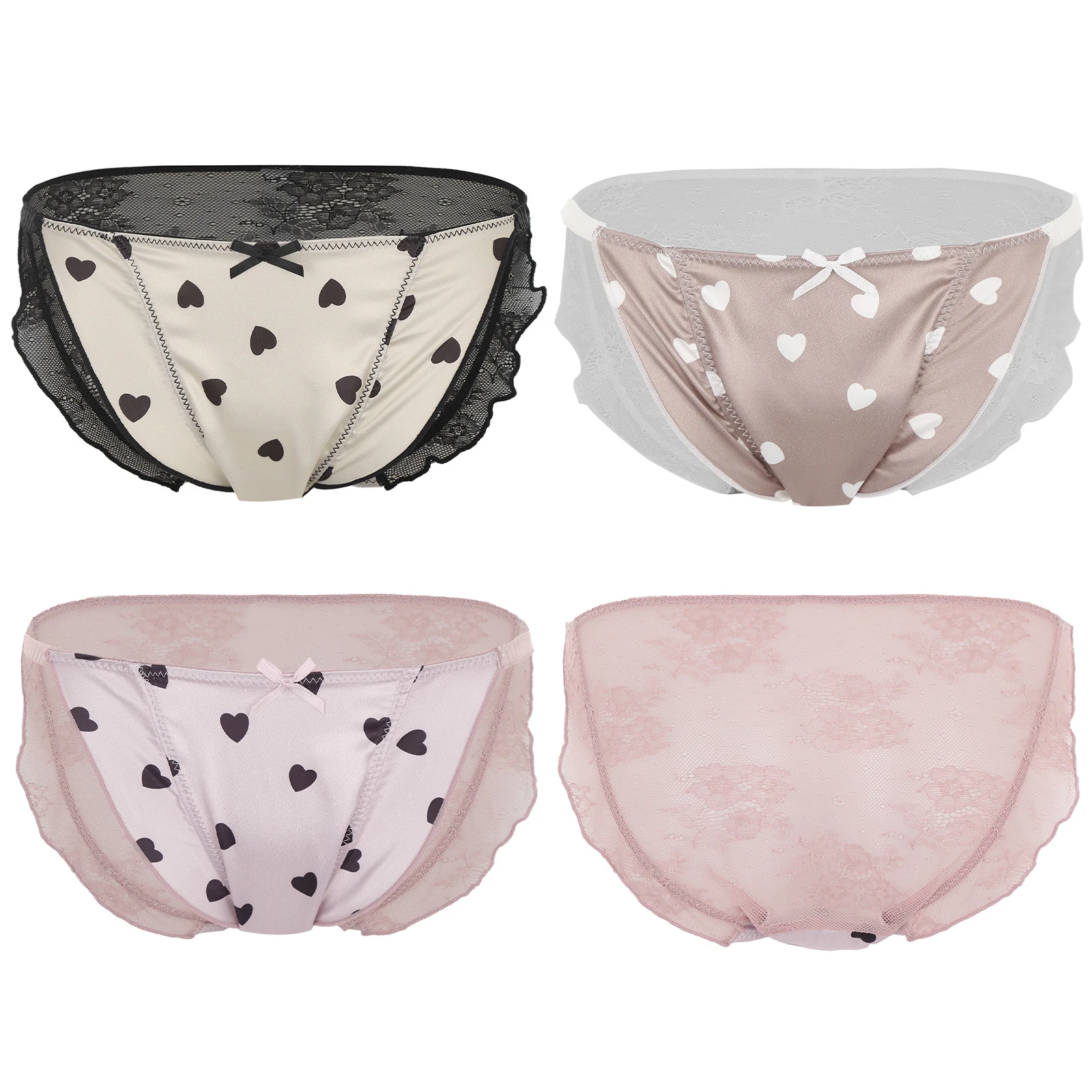 Culotte à froufrous en dentelle à volants pour femmes, slip patchwork, taille moyenne, sous-vêtement Sissy, imprimé cœur, nœud papillon, culotte Kawaii, slip mignon