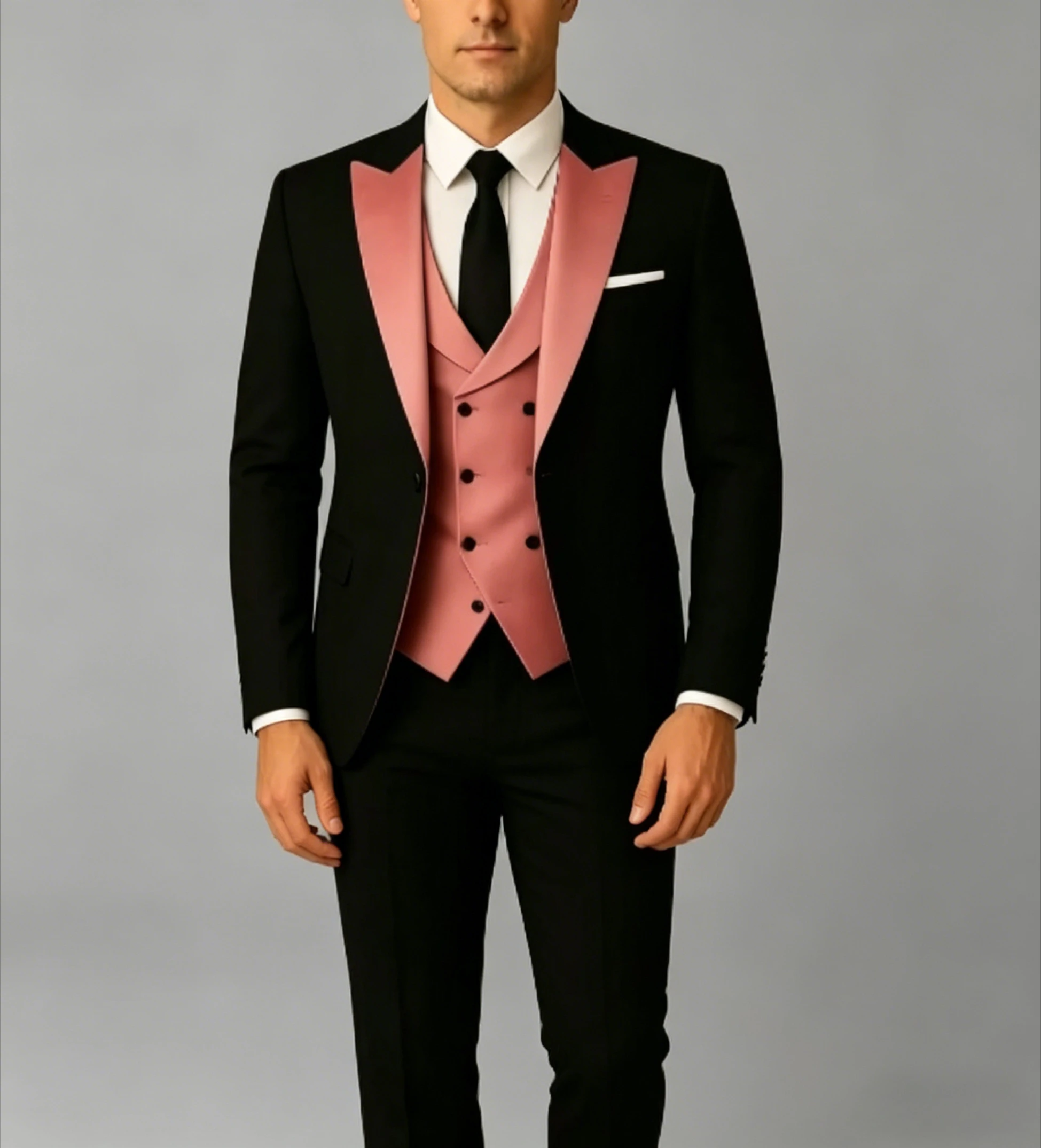

New Black And Pink Men Suit Wedding Party Formal Groom Groomsman Prom Business Male Tuxedos 3 Piece Set Jacket Vest Pants