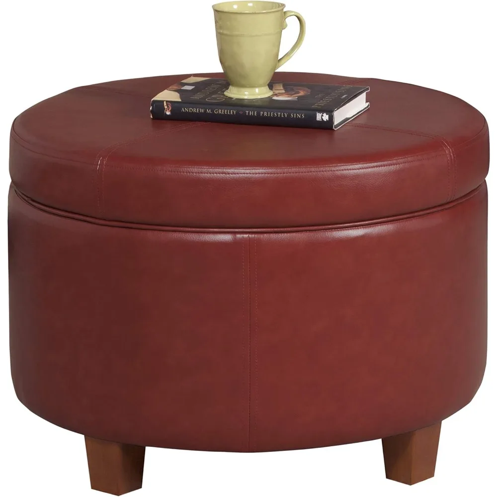 Round Leatherette Storage Ottoman with Lid, Cinnamon Red Large