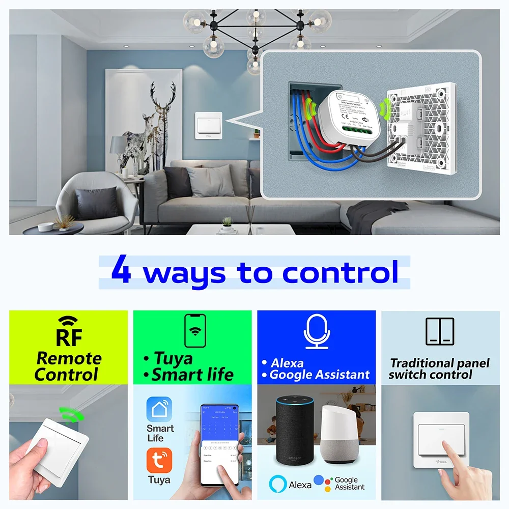 Tuya Smart life WiFi and 433MHz Light Switch,Wall Panel Switch No Need Battery,110V 220V 16A Mini Module, for Alexa Google Home