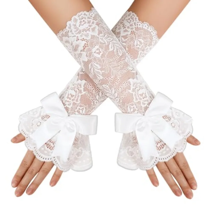 

Avidlove Women Ruffle Bow Lace Gloves Fingerless Mid Elbow Sleeve Costume Wedding Opera Tea Party Prom Cosplay Gothic