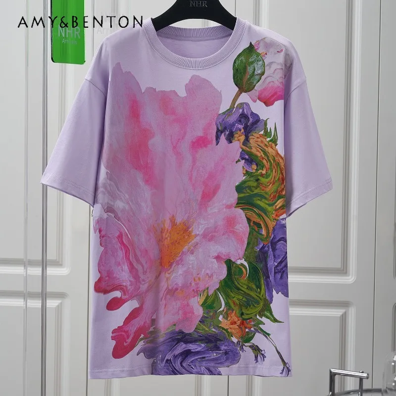 

Summer 2024 Fashion Design Artistic Oil Painting Printed Cotton Short-Sleeved T-shirt Women's Floral Drop-Shoulder Top Pullovers