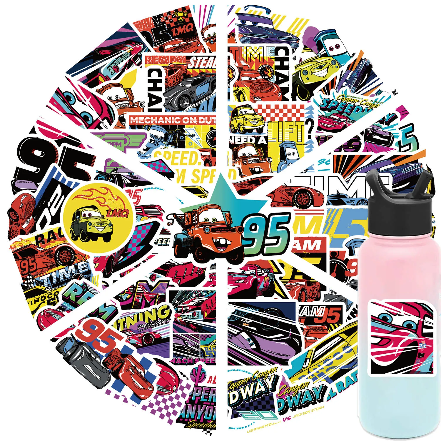 50pcs Disney Anime Cars Kawaii Stickers Cute Cartoon Decals Water Bottle Phone Notebook Computer Graffiti Sticker