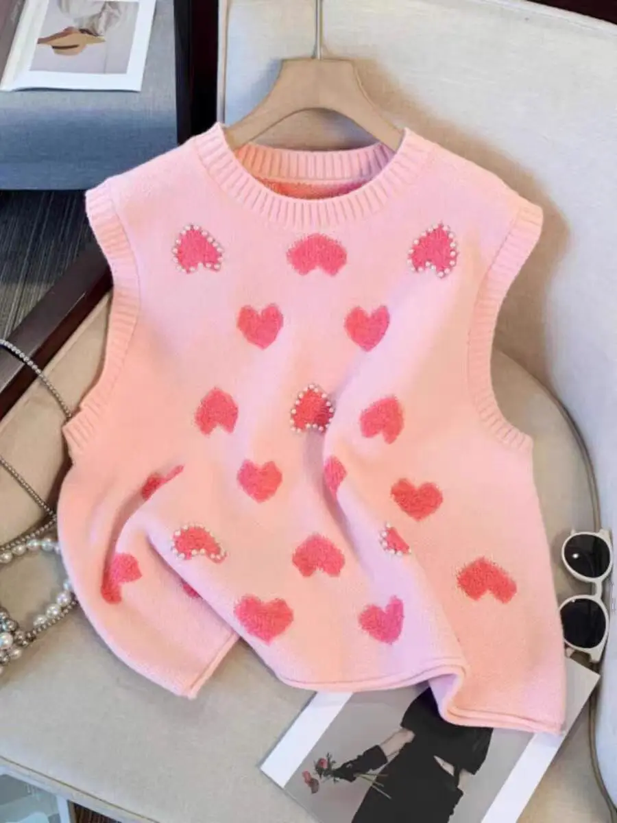 

2025 Pink Heart Knitted Sweater Sweet Girls Sleeveless Vest Women Spring Autumn Casual Jumper Vest Oversized Sweater Women New