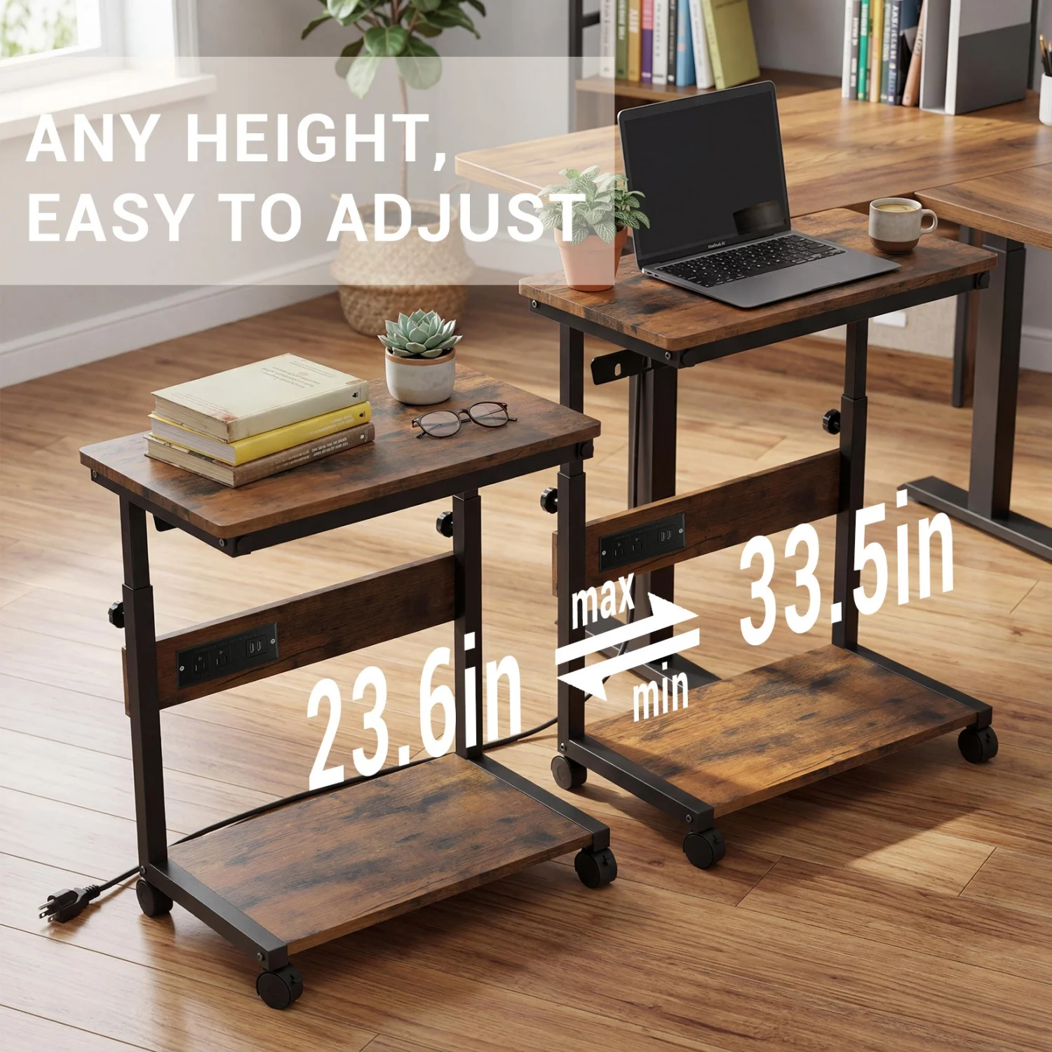 Height Adjustable 2 Tier PC Tower Stand with Power Outlet & USB – Wood & Steel Rolling PC Tower Cart, Mobile CPU Stand, Case Cart, Under Desk Computer Holder with Locking Wheels for Office or Home