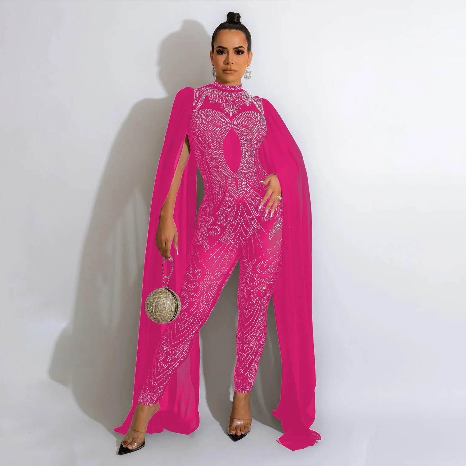 Shawl sleeve mesh crystal jumpsuit Women's jumpsuit Luxury transparent sequins Party jumpsuit Birthday set prom dresses