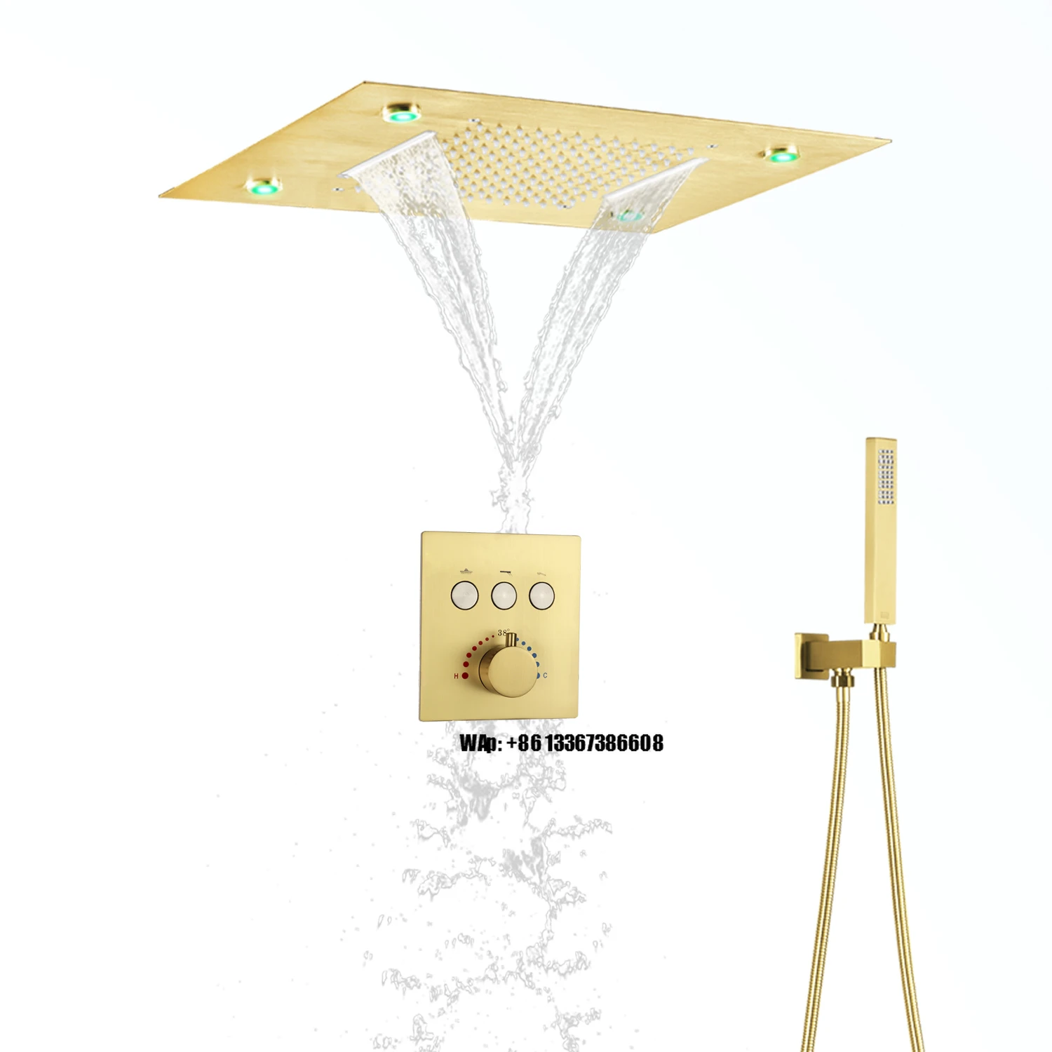 

Ceiling Shower System 20x14 Inch Large LED Shower Head Rain Waterfall Bath Gold Faucets Set With Thermostatic Mixer Valve