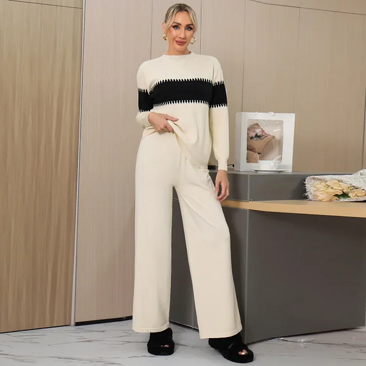 Women Two Piece Pant Sets Knit Striped Sweater Full Sleeve o Neck Wide Leg Pants Elastic Waist Solid Casual autumn winter 2024