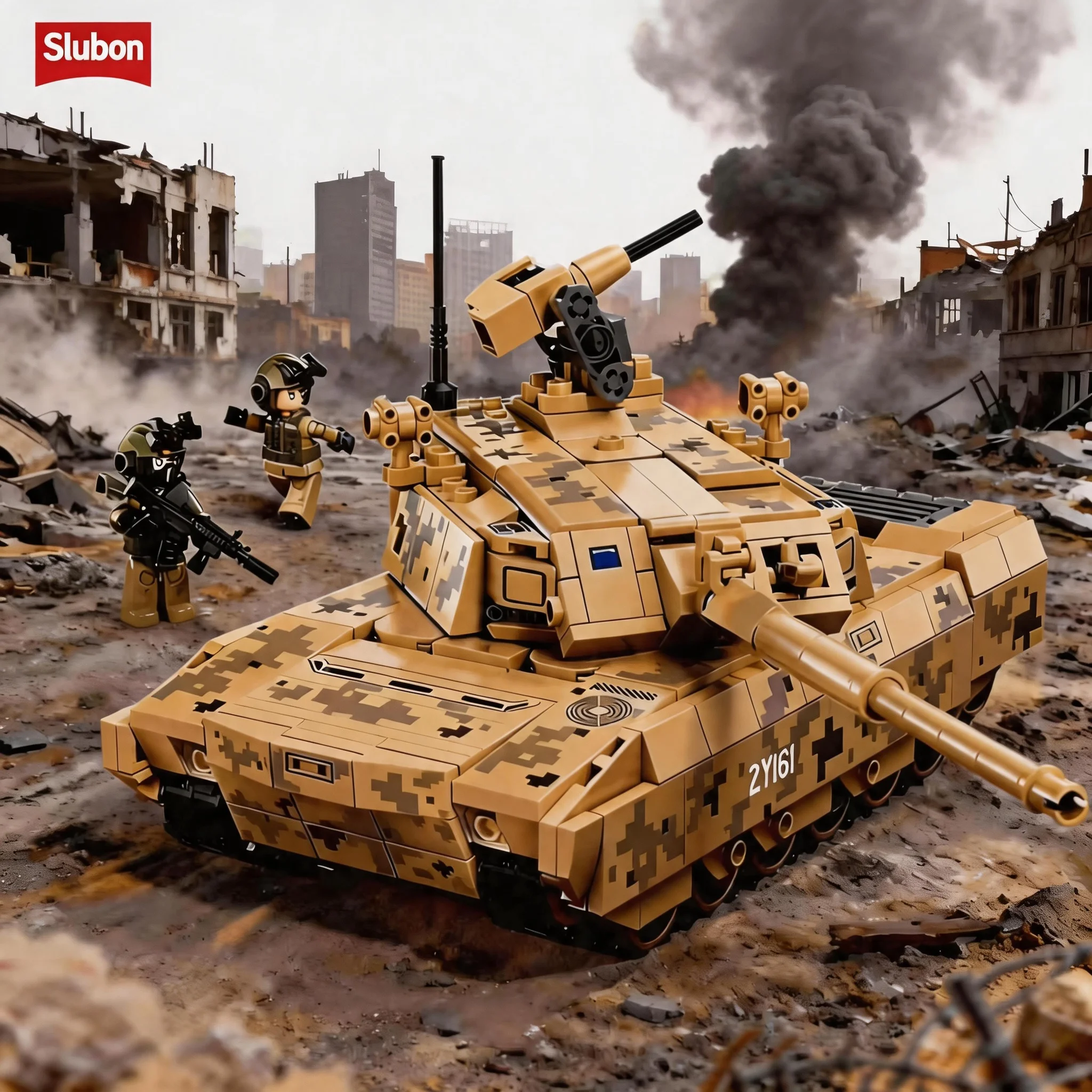 Sluban Military Tank Building Blocks, Desert Camo Battle Tank Model with 2 Soldiers STEM Toy for Boys Army Collectors