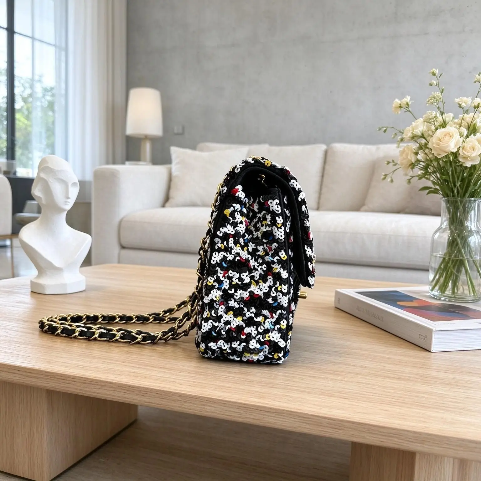 Glam Mixed-color Sequin Crossbody Bag For Women Large Capacity Sparkly Gold Chain Flap Handbag