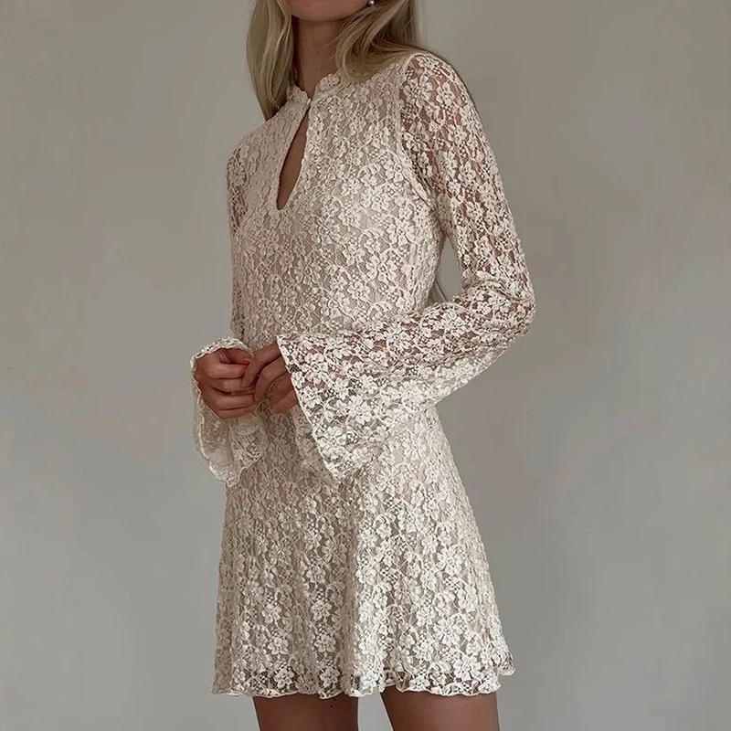 Women Fashion Jacquard Lace Hollow Mini Dress 2025 Sexy High Waist Solid Party Dress Elegant O-neck Long Sleeve Wrap Hip Dresses