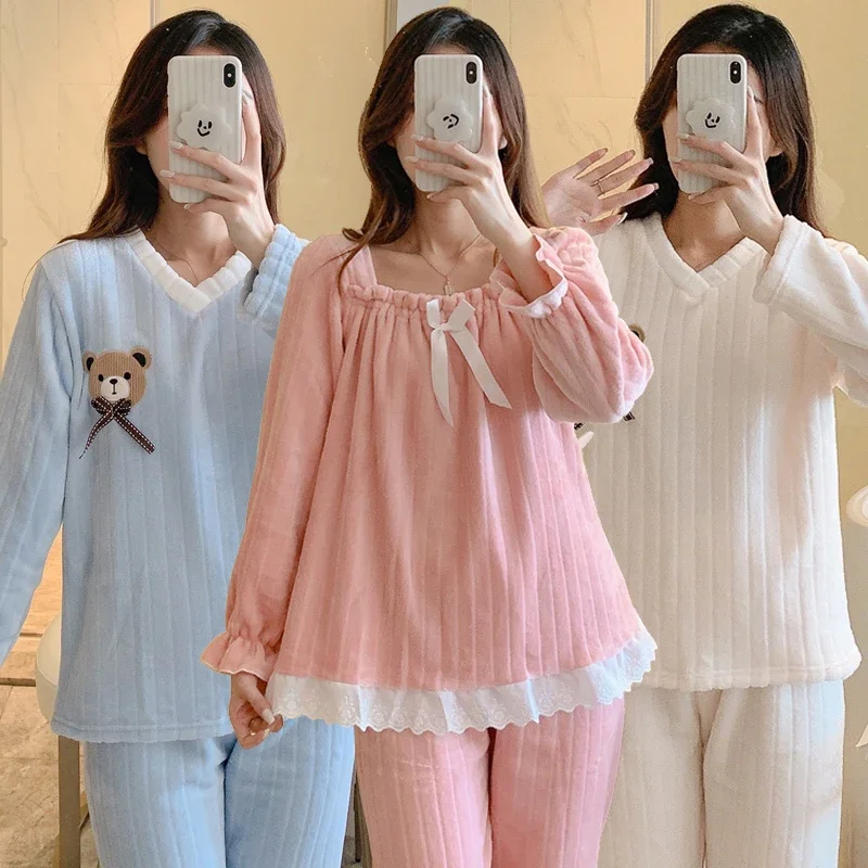 

2025 Winter Long Sleeve Thick Warm Flannel Pajama Sets For Women Korean Cute Coral Velvet Sleepwear Pyjama Homewear Home Clothes