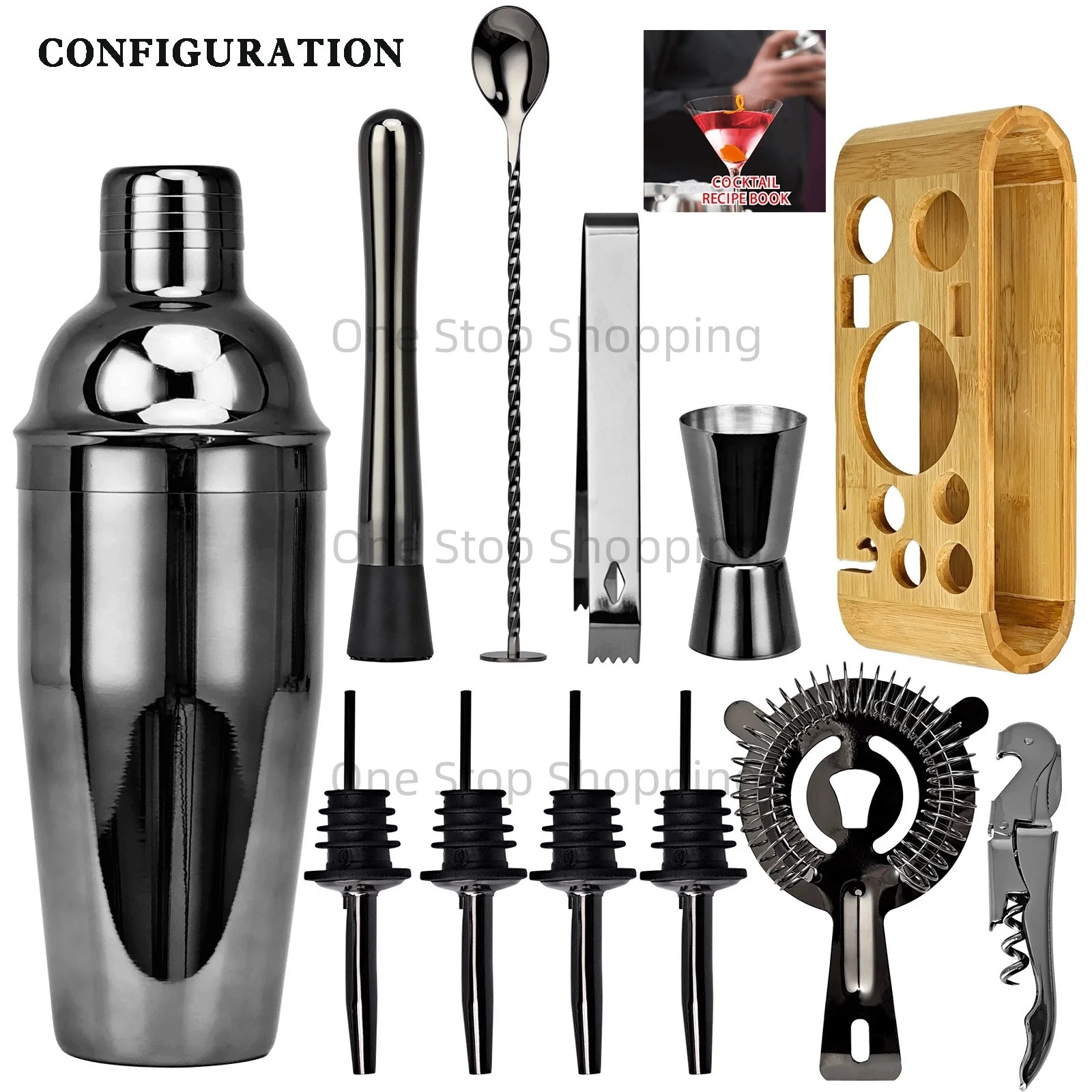 12PCS Cocktail Shaker Set Barkeeper Kit Bar Set Bambus Ständer Matini Shaker Rührlöffel Muddler Jigger Cocksrew für Barware Set – Detail 16