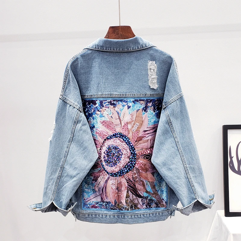 

Pop Autumn Women Denim Jacket Vintage Harajuku Overcoat Printed Beading Jean Jacket Holes Loose Casual Outerwear Female Jacket