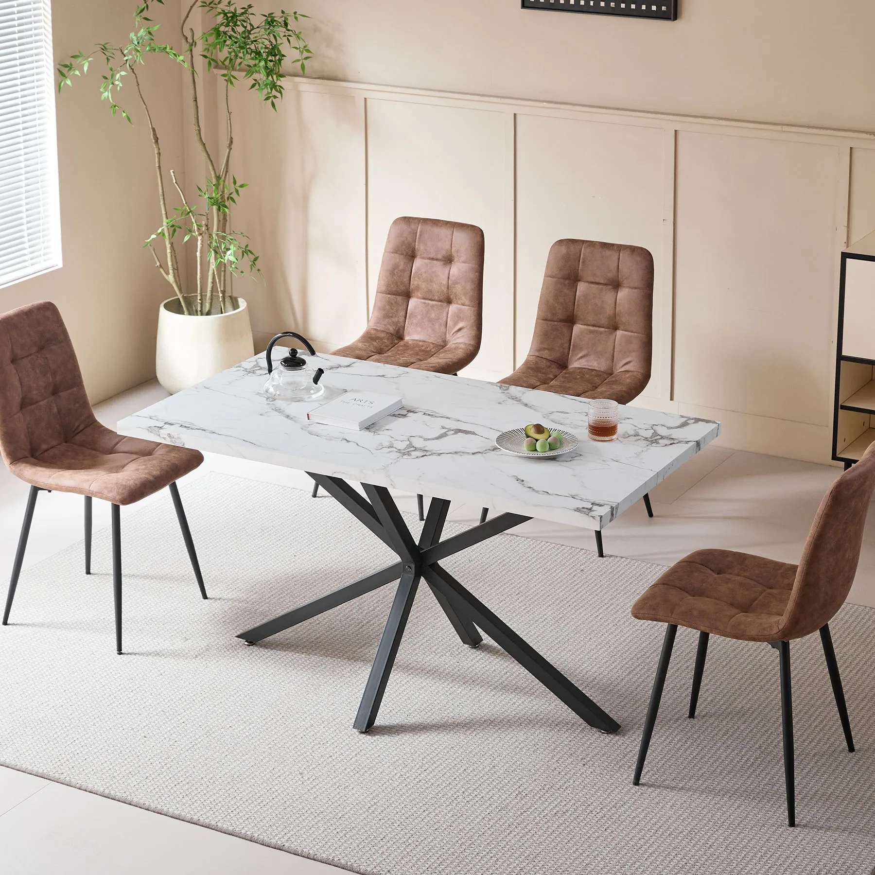 Moderner Esstisch im minimalistischen Stil, Esstisch aus Marmorimitat, geeignet für Esszimmer/Wohnzimmer, Metallbeine, 140 x 80 cm – Detail 1