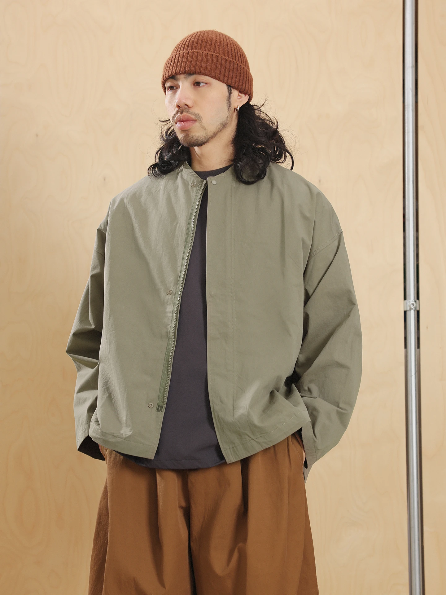

Noears Retro Washed Military Green Zipper Jacket Loose Fit Workwear Top Spring Season Youth Trend Cotton Fabric Long Sleeve