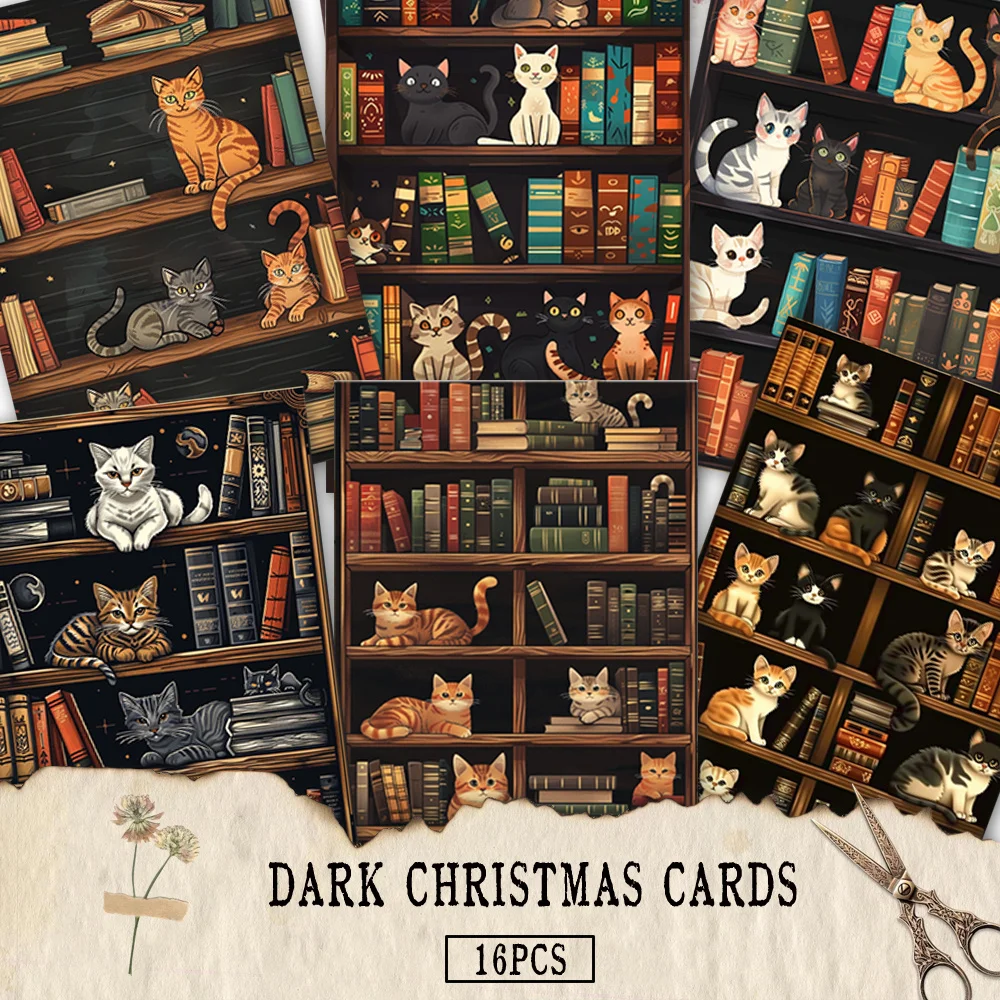 

16pcs Books and Cats Postcards, New Year Gift, Christmas Gift, Living Room Decoration, Bedroom Decoration, High Quality