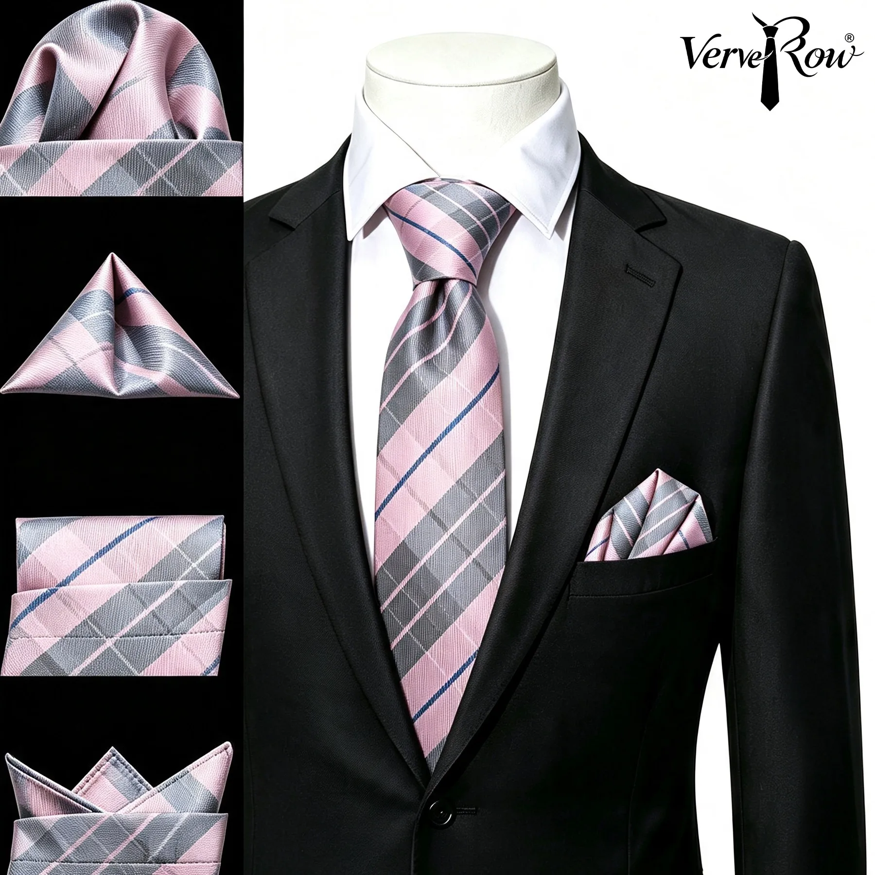VerveRow Pink Grey Plaid Tie Or Pocket Square Set Wedding Daily Banquet Soft Fabric Elegant Gentleman Fashion Accessory 2Pcs