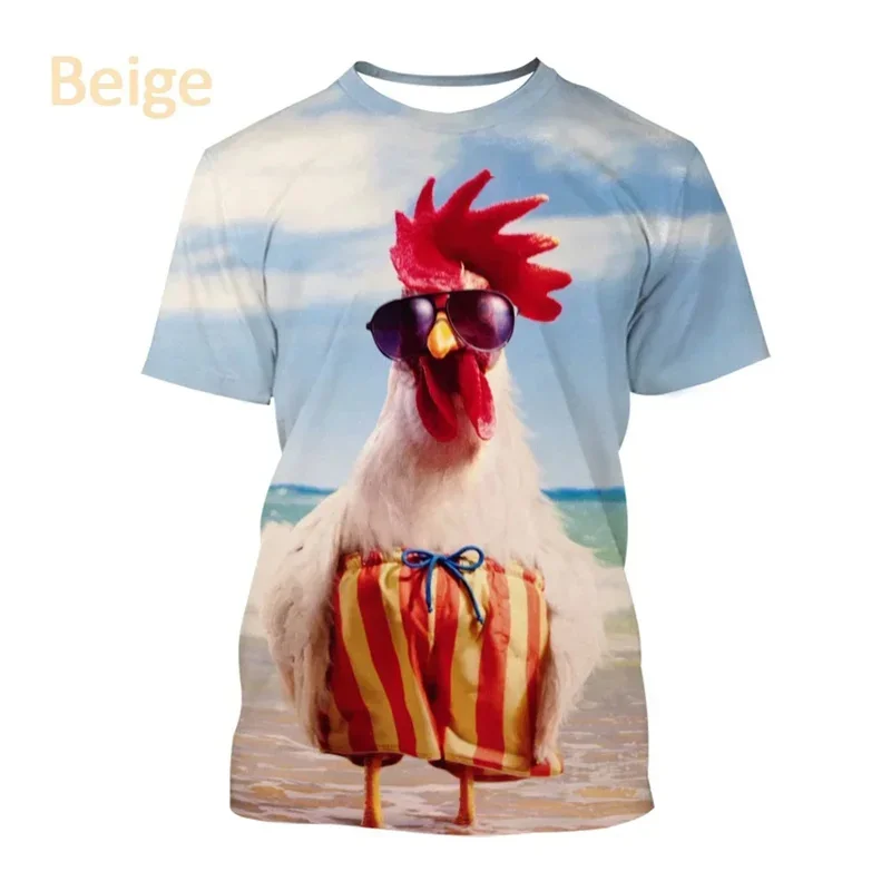 Men\'s and women\'s 3D chicken print T-shirt, round neck loose short sleeved shirt, summer fashion