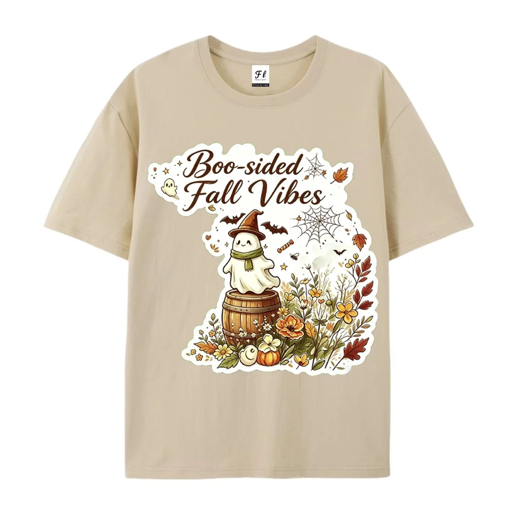 Boo Sided Fall Vibes Graphic T Shirt Cute Ghost Pumpkin Halloween Floral Print Casual Unisex Short Sleeve Tee