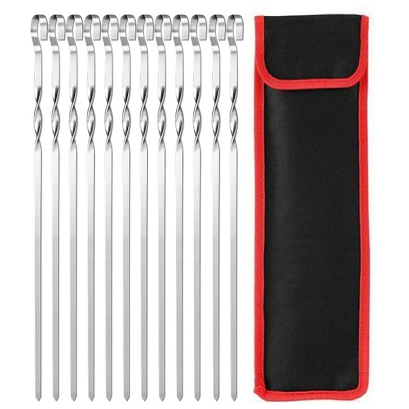 Big Deal 12PCS 43Cm Stainless Steel Twisted Barbecue Skewer Outdoor BBQ Beef Lamb And Chicken Skewers BBQ Barbecue Pin With Bag