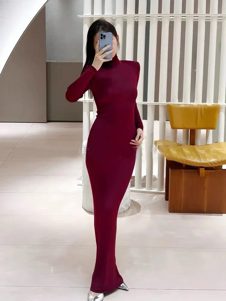 Sexy hollow high neck knit dress wine red stretch Slim shoulder pads long sleeve long women's dress 2025 Spring New - view 2