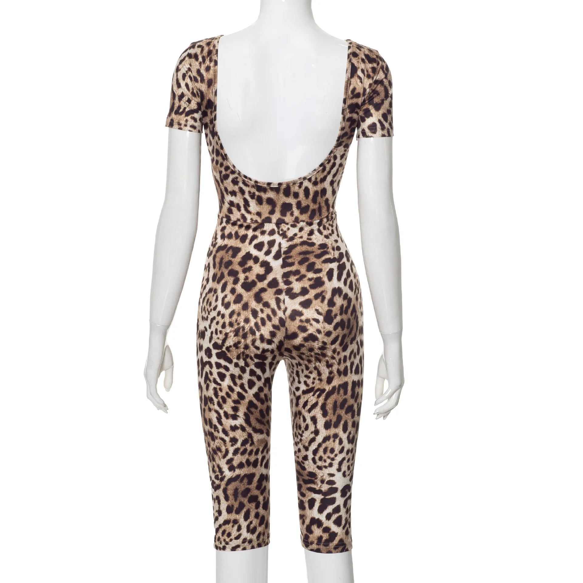 Leopard Printed Slim Fit Jumpsuit for Women 2024 Summer New Round Neck Short Sleeve Backless Romper Party Club Streetwear