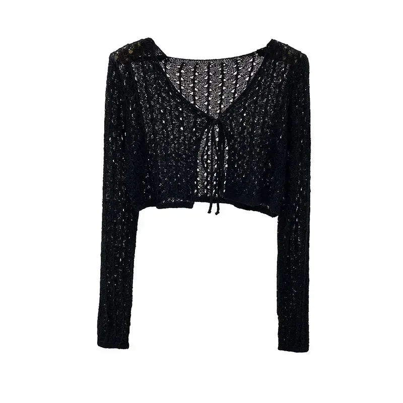 Women Tie Front Crop Cardigan Sheer Openwork Crochet Knit Top  Sweater Summer Boho Chic Beach Outfit