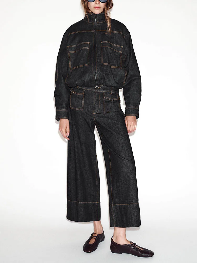 

Spring 2026 Women's New Jacket Coat Denim Wide Leg Pants Casual Style Standard Fit Long Sleeve Zipper Closure Other Material