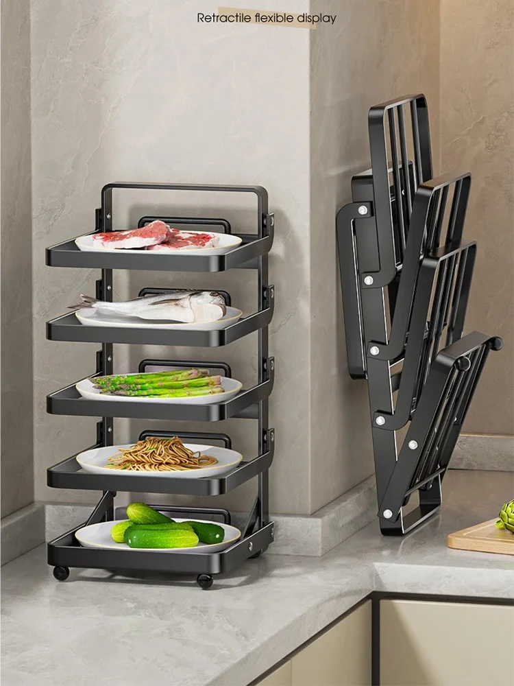 

Kitchen Folding Side Dish Rack Cooking Plate Tray Organizer Counter Expandable Microwave Shelf Foldable Food Storage Shelves