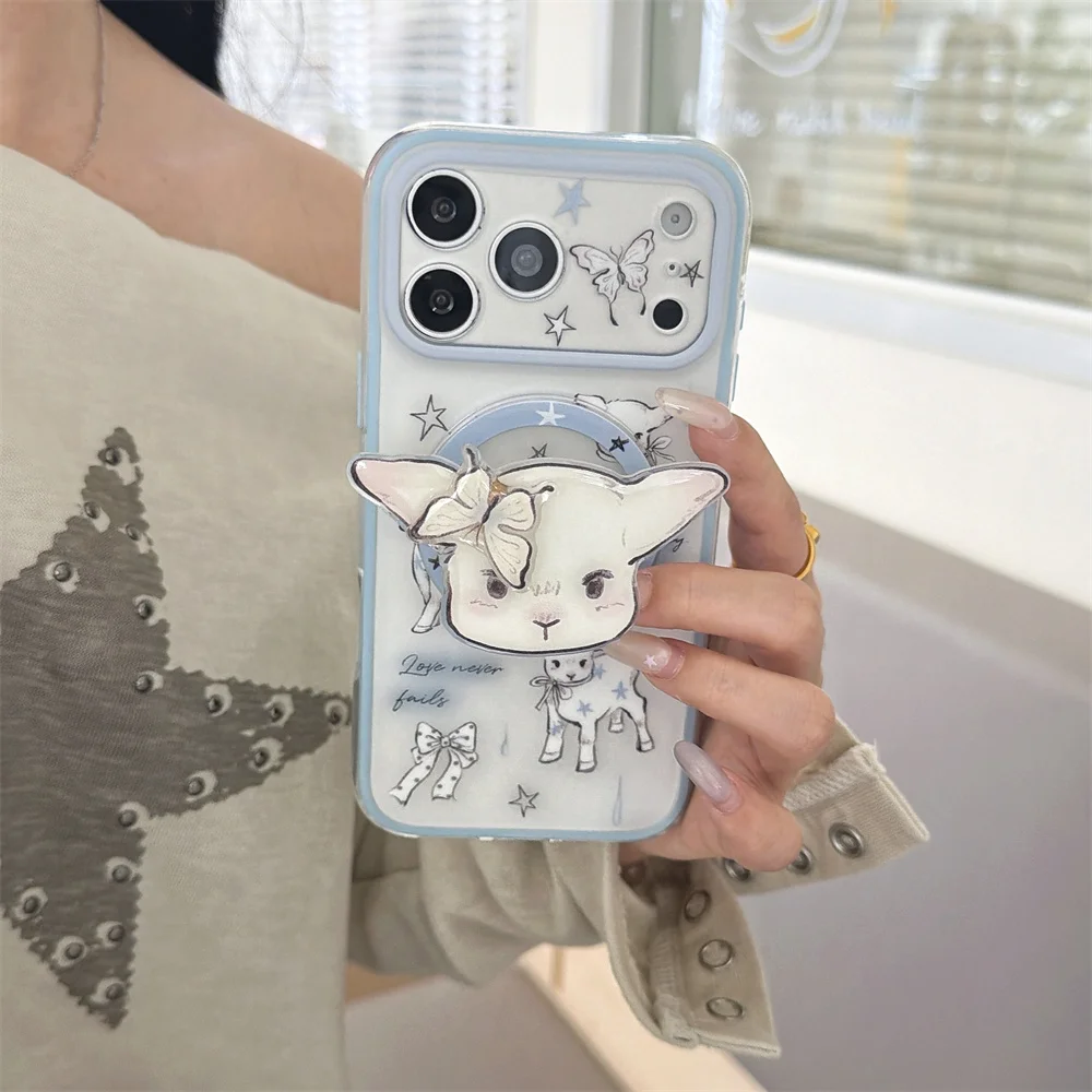 Korea Ins Little lamb Magnetic Phone Case For iPhone 18 Pro 15 16 17 Pro Max Cover Shockproof Cute Cases with stand 18promax