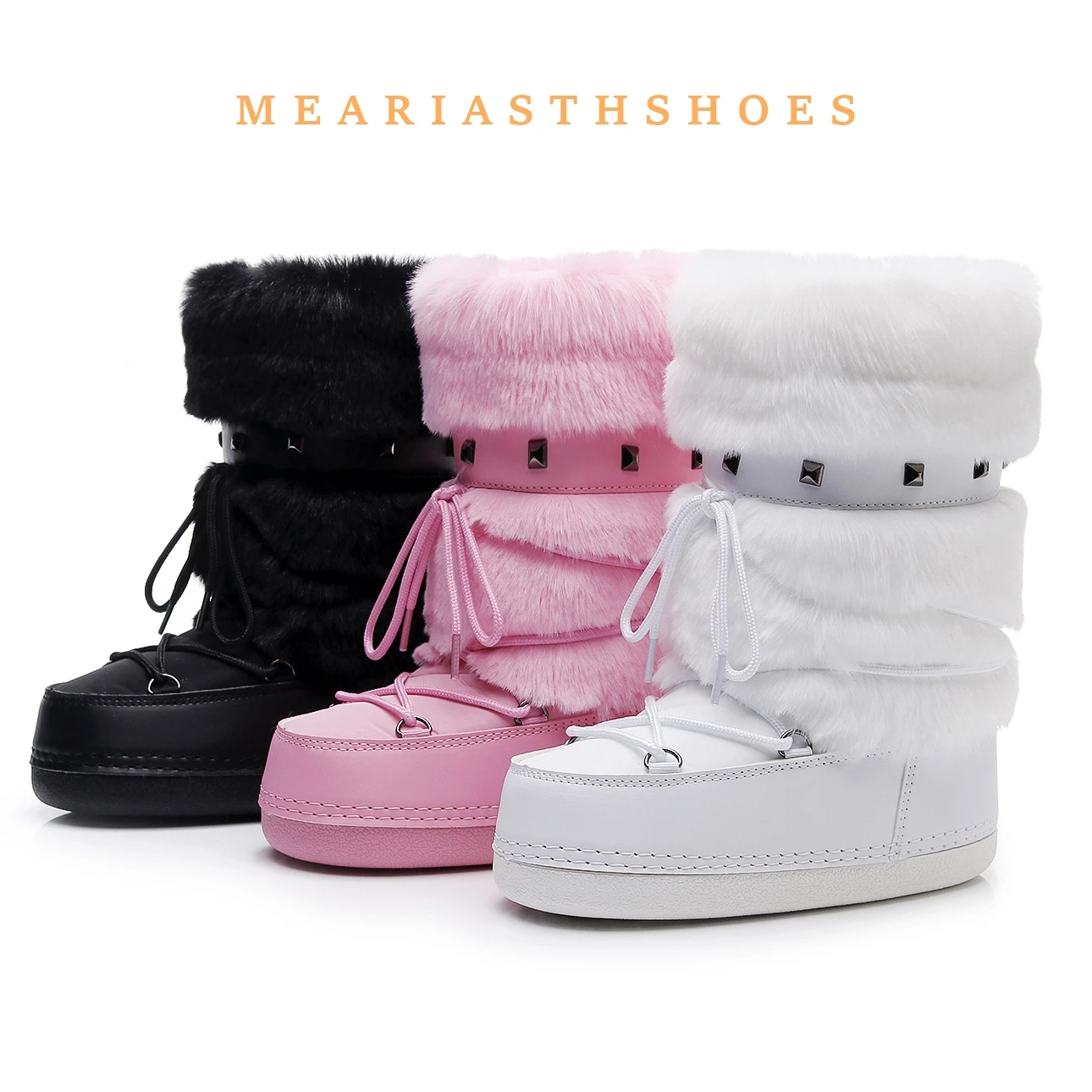 

2025 Winter Snow Boots Women Ski Boots Fluffy Hairy Lace Up Middle Calf Platform Flat With Plush Waterproof Thick Ski Boots