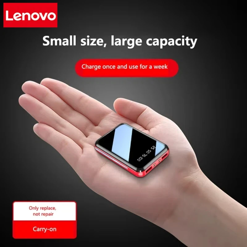 Портативный мини-аккумулятор Lenovo 20000 мАч с зеркальным экраном, быстрой зарядкой и большой емкостью для iPhone, Huawei, Samsung