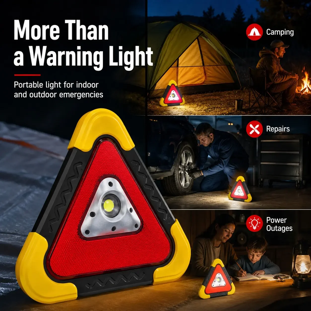Solar LED Warning Triangle Light RoadsideEmergency Safety Light Red Flash Warning FoldableStand for Car Breakdown Camping Light