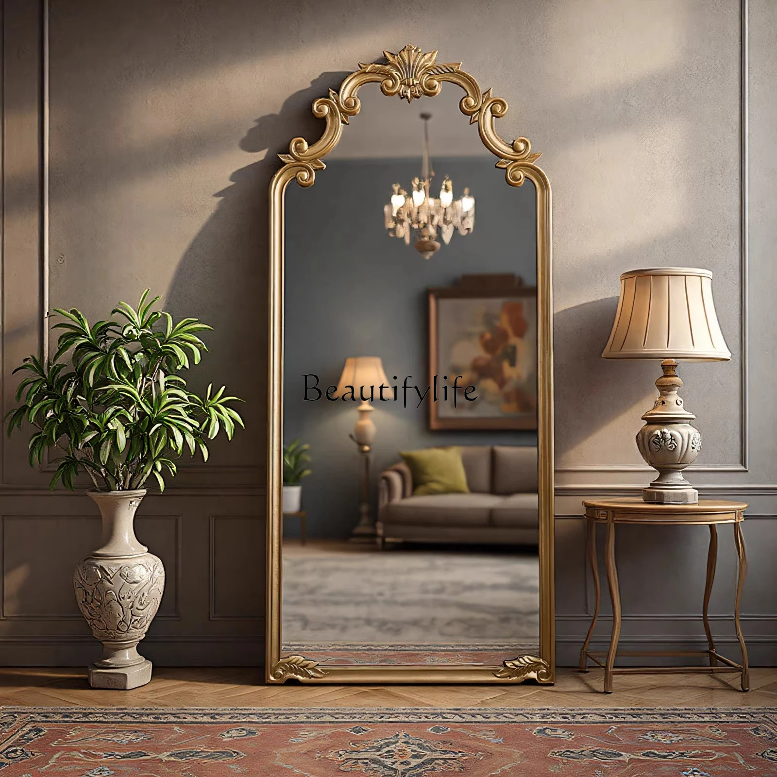 

French retro full-body mirror American home wall-mounted dressing European carved floor fitting mirror