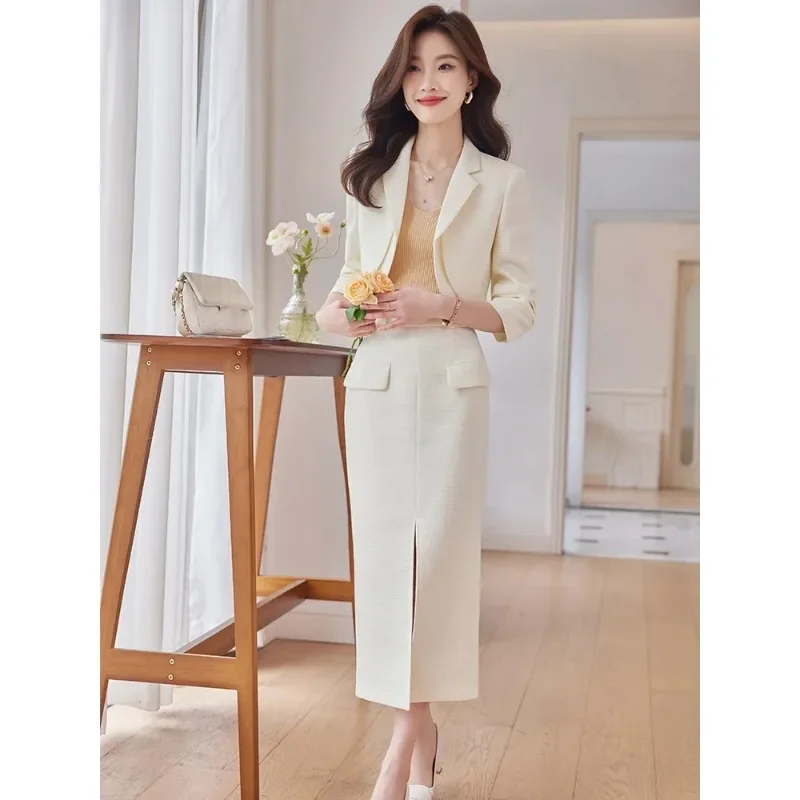 2023 Fashion Women Casual Jacket Skirt Suit Ladies Green Blue Beige Long Sleeve Female Blazer Two Piece Set For Autumn Winter