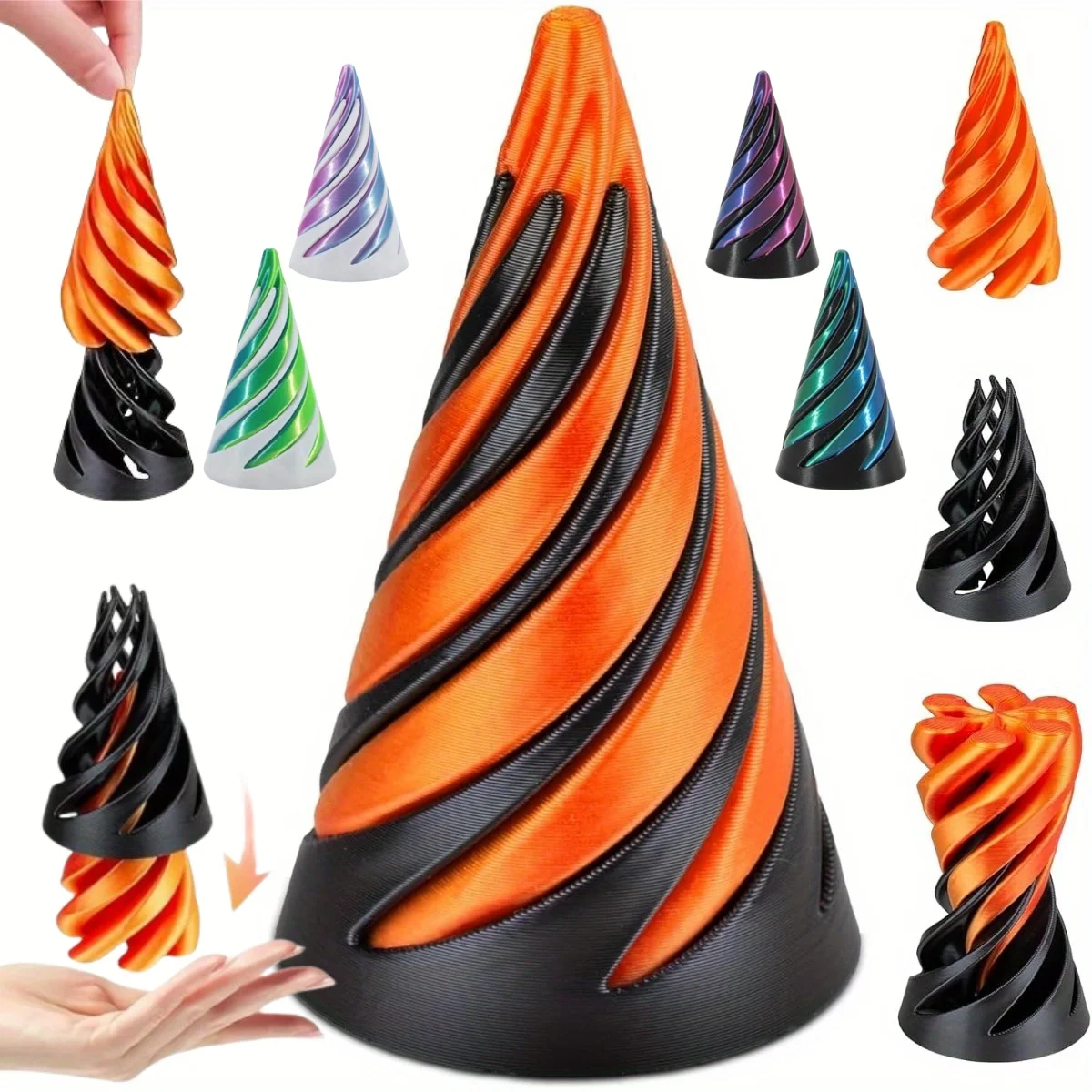 Cono giratorio cinético de doble cara, espiral de plástico de colores mezclados impresa en 3D, juguete de escritorio novedoso para regalo de 14 años, decoración de diseño piramidal