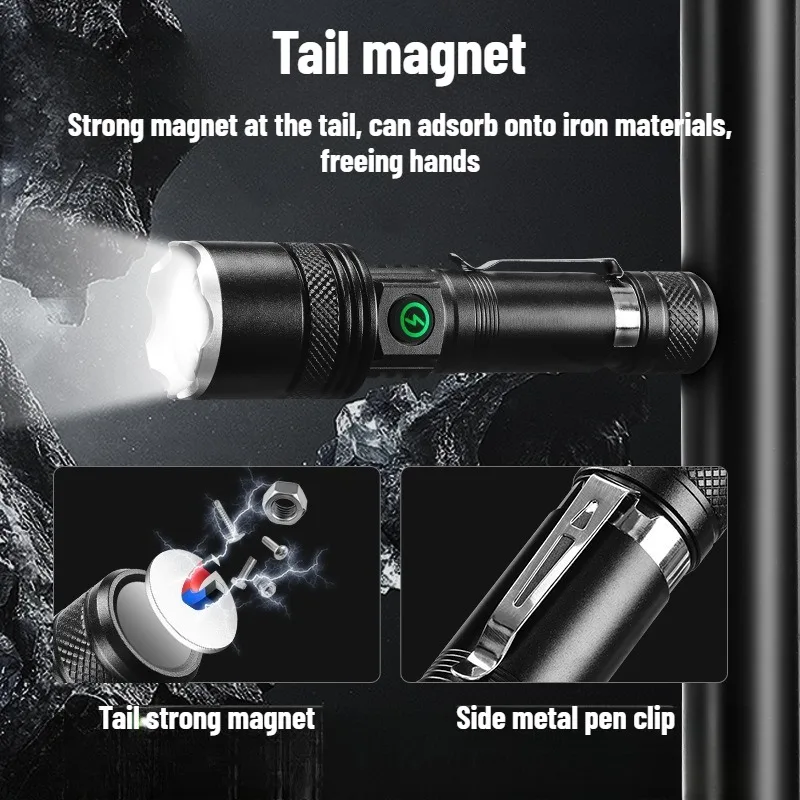 Rechargeable LED Flashlight Zoomable Waterproof Aluminum Alloy Torch with Clip Magnet for Outdoor Hiking Camping Night Use view 3