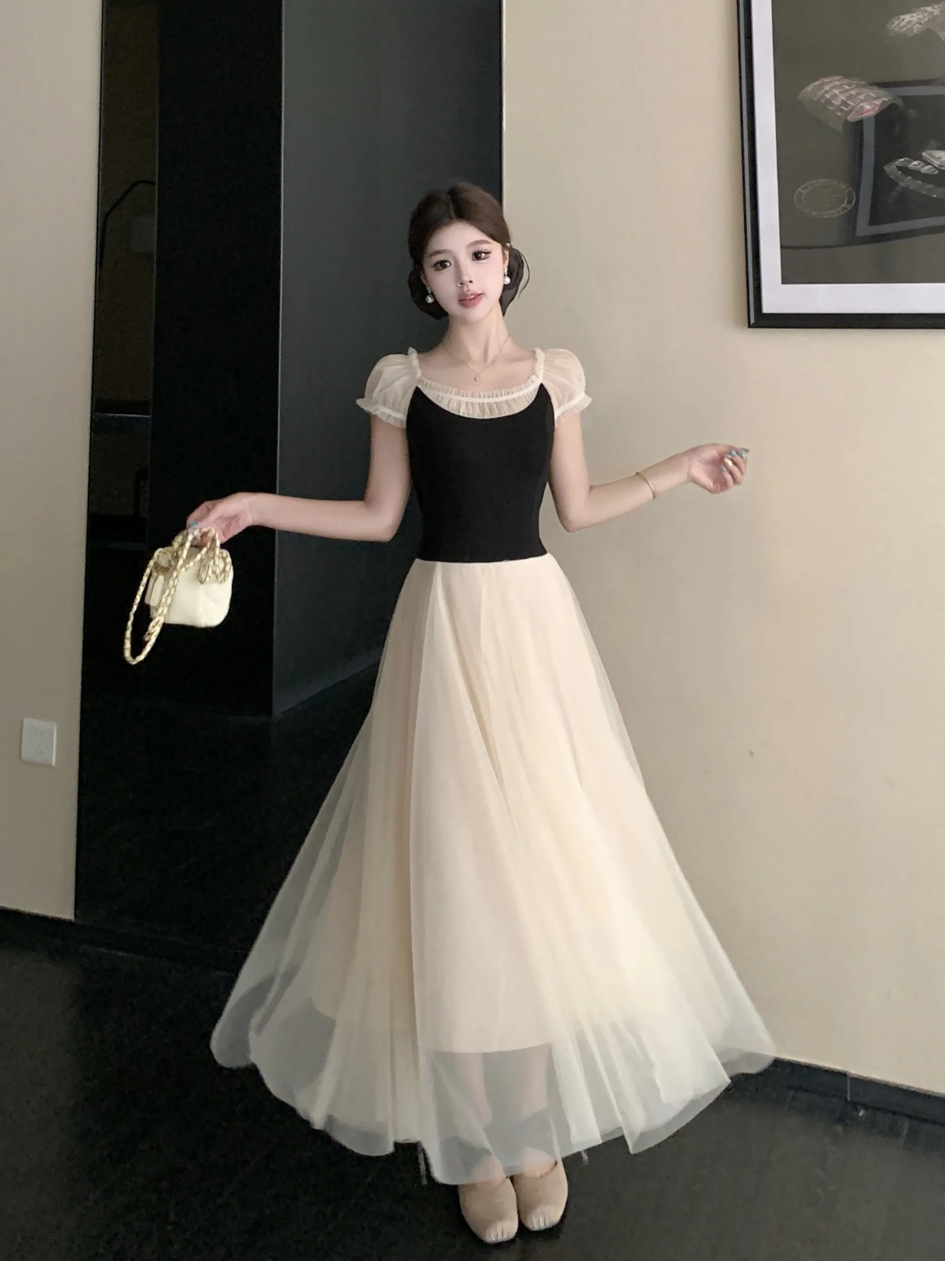 

plus Size Women's Ballet Style Short Sleeve Dress Summer New High Waist Splice Mesh Long Dress Commute Korean Slim Fit Design