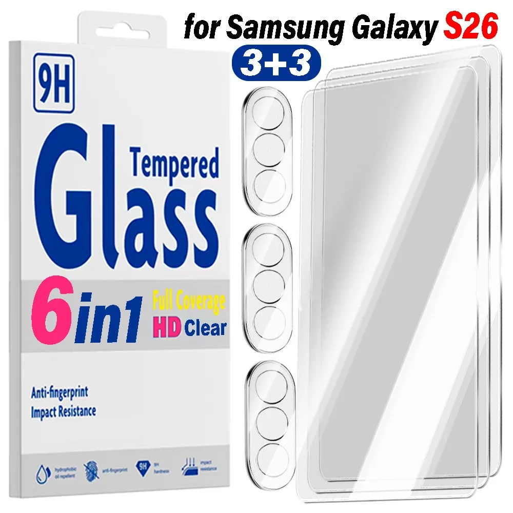 

6in1 Tempered Glass Front Screen Protector for Samsung Galaxy S26Ultra HD Clear Lens Protective Film for Samsung Galaxy S26 Plus
