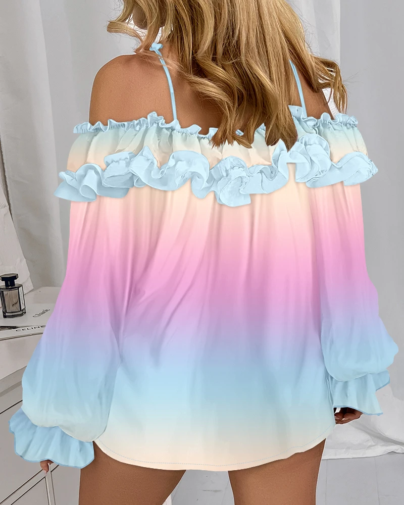 Women Blouse Ombre Cold Shoulder Ruffle Hem Lantern Sleeve Top