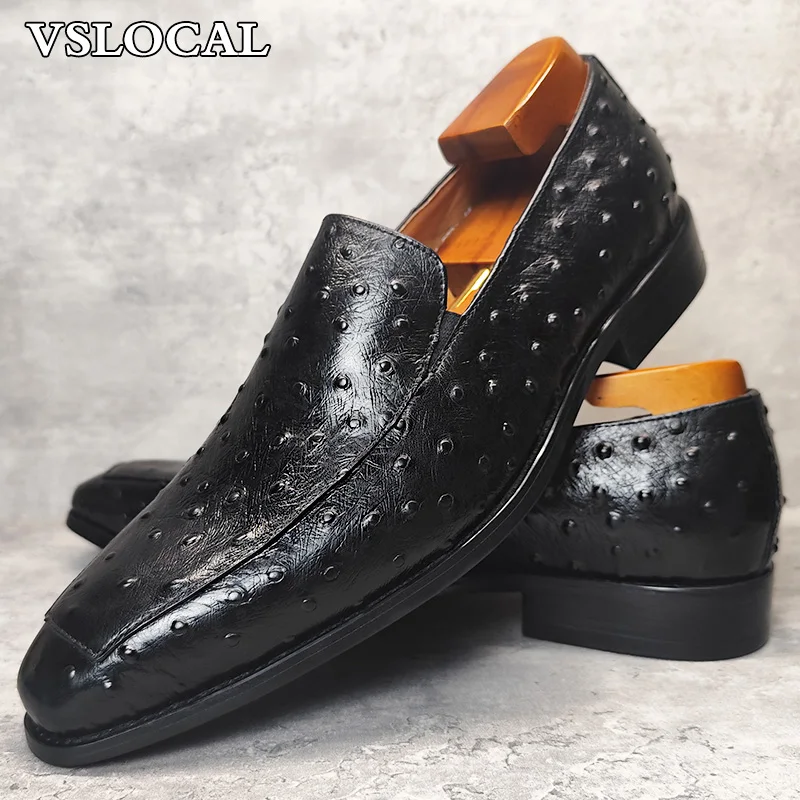Classic Luxury Genuine Leather Men's Loafers Slip On Ostrich Prints Casual Mens Dress Shoes Purple Black Loafers For Men