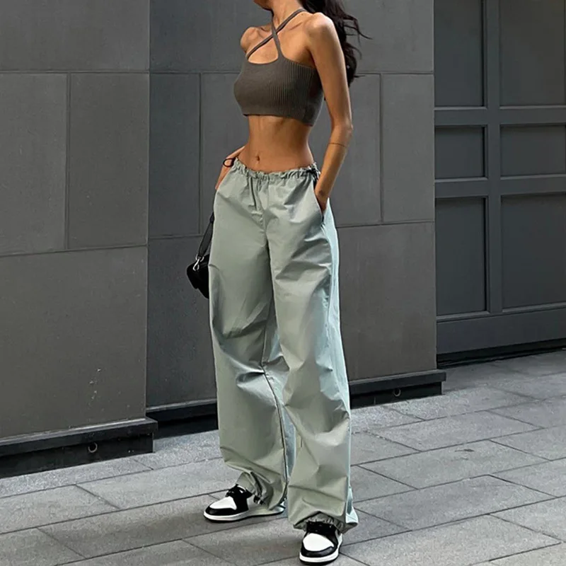 Women's simple loose fitting pants 2023 European and American street fashion trend drawstring waist casual workwear pants