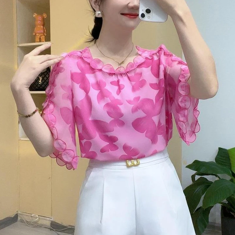 Summer Sweet Ruffles Printing Elegant Fashion Blouse Women Short Sleeve Loose Casual Pullover Blouse Female Casual All-match Top