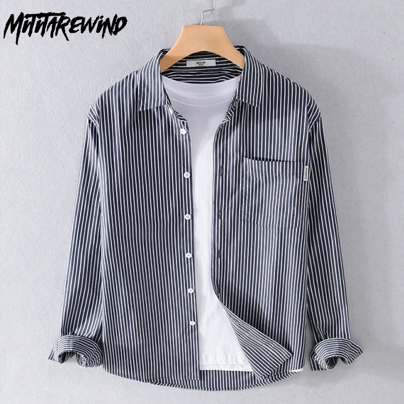

Полосатая рубашка в стиле Харадзюку, мужская весенне-осенняя повседневная рубашка, приталенная рубашка с длинными рукавами и карманами, простая мужская одежда