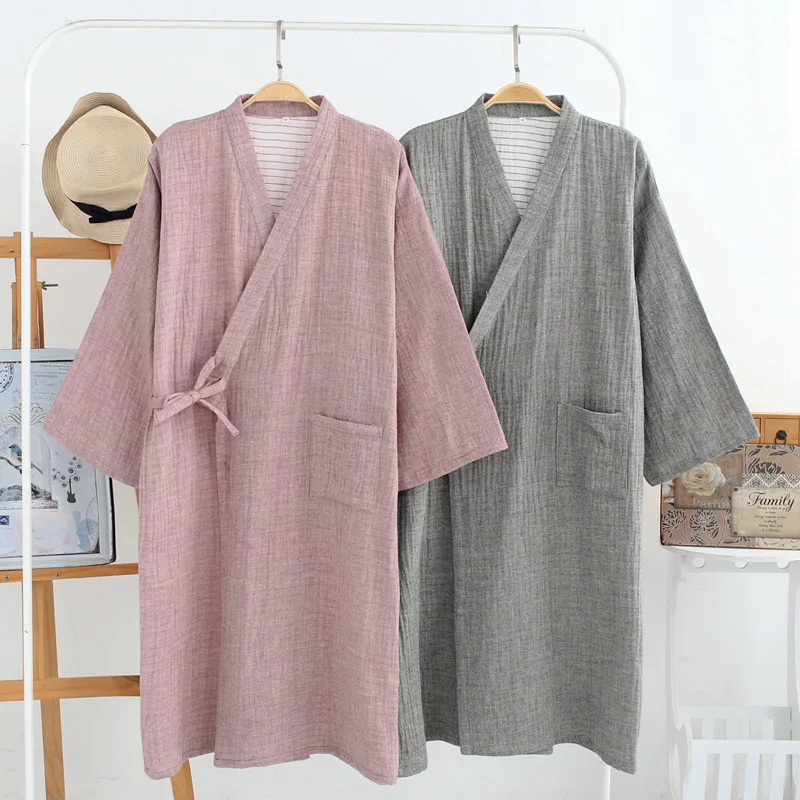 Japanese-style Kimono Pajamas Men's Cotton Yarn-dyed Gauze Spring And Summer Hanfu Sweat Steam One-piece Pajamas Bathrobe Thin